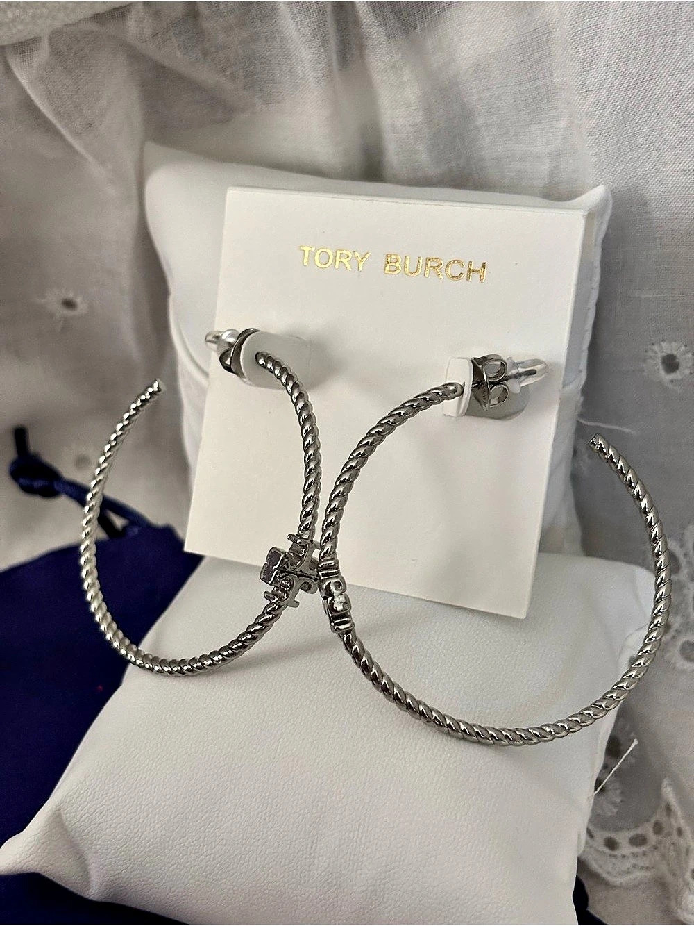 Tory Burch Rope Logo Hoop Earrings Silver